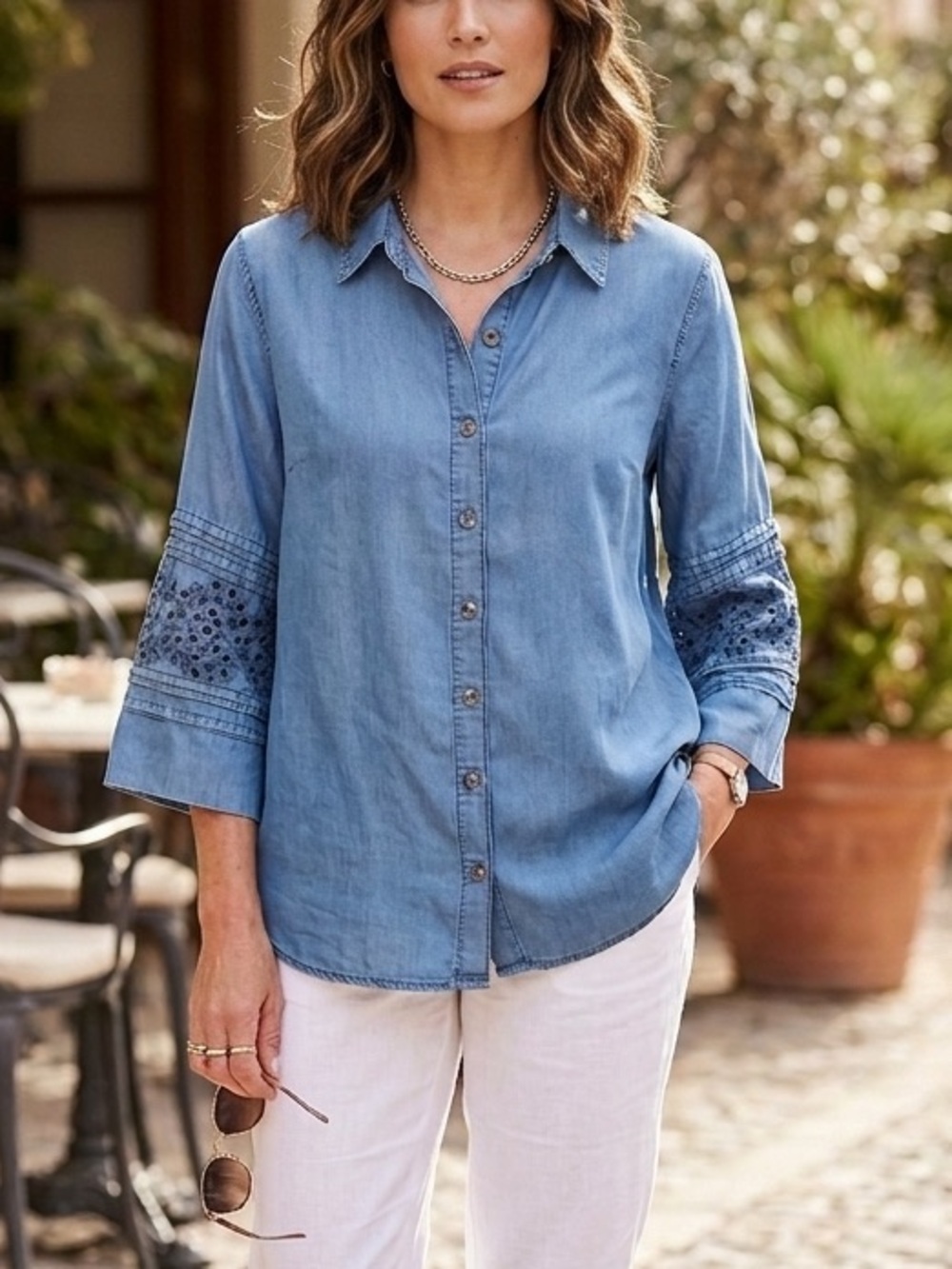 Chambray Button-Front Shirt with Eyelet Sleeves - Blue